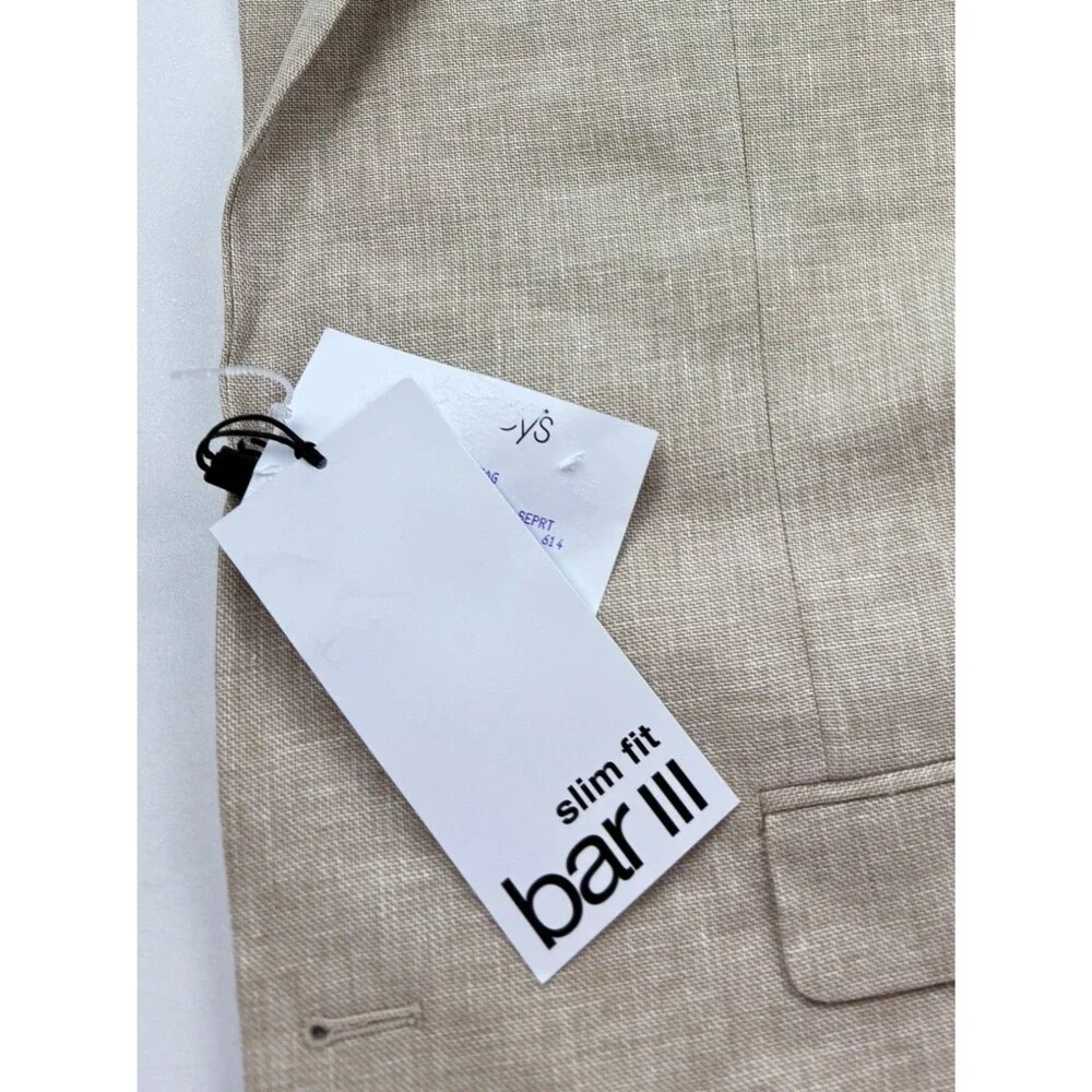 $495 NEW BAR III MENS 42R NATURAL LINEN SLIM 2 PIECE SUIT WITH DRESS PANTS 36X32